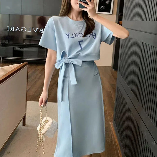 Women Dress Sets Short Sleeve T-shirt+Skirt 2Pcs