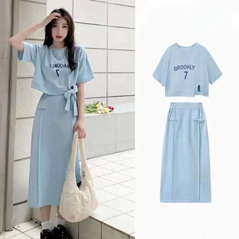 Women Dress Sets Short Sleeve T-shirt+Skirt 2Pcs